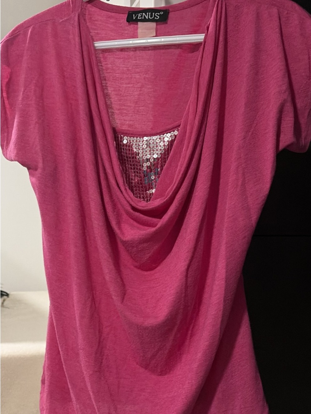 VENUS Hot Pink Cowl Neck Short Sleeve Top with Sequin Inset